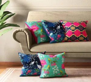 India Circus by Krsnaa Mehta Blooms & Swans Multicolor Satin Blend Cushion Pillow Covers Set of 5 (16 x 16 Inches)