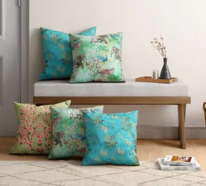 India Circus by Krsnaa Mehta Bougainvillea Delights Multicolor Printed Decorative Blended Velvet Cushion Pillow Cover For Couch, Sofa, Bed Set Of 5 (18 X 18 Inches), 120 TC