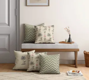 India Circus by Krsnaa Mehta Chevron Palms Multicolor Satin Blend Blended Tafetta Silk Cushion Pillow Covers Set of 5 (18 x 18 Inches)