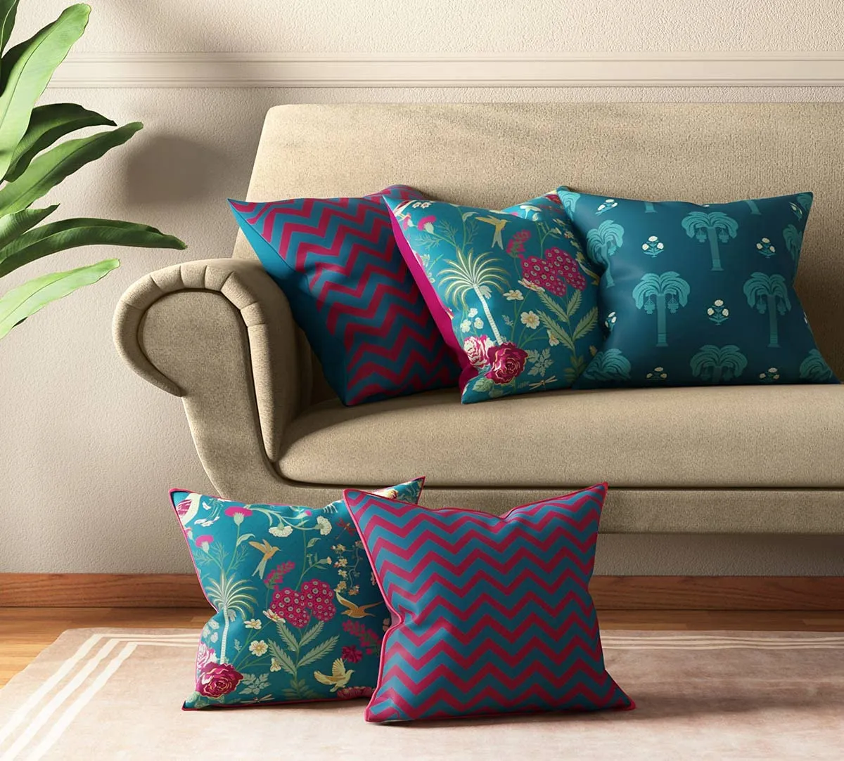 India Circus by Krsnaa Mehta Chevron Safari Multicolor Satin Blend Cushion Pillow Covers Set of 5 (16 x 16 Inches)