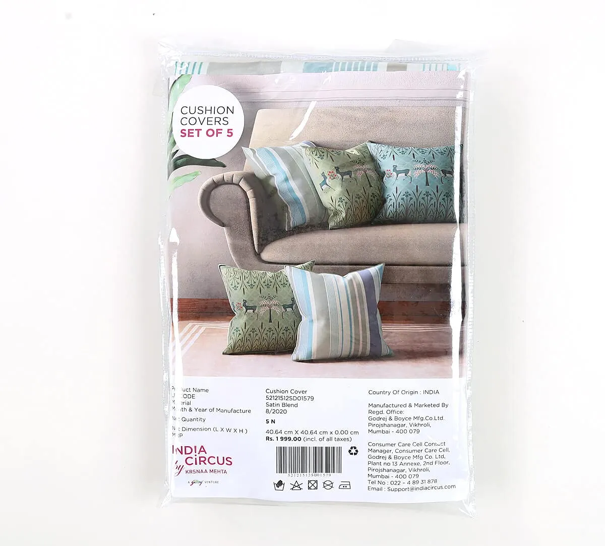India Circus by Krsnaa Mehta Geometrical Deer's Multicolor Satin Blend Cushion Pillow Covers Set of 5 (16 x 16 Inches) 110 TC