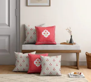 India Circus by Krsnaa Mehta Grey Poppy Flower Multicolor Satin Blend Blended Tafetta Silk Cushion Pillow Covers Set of 5 (18 x 18 Inches)