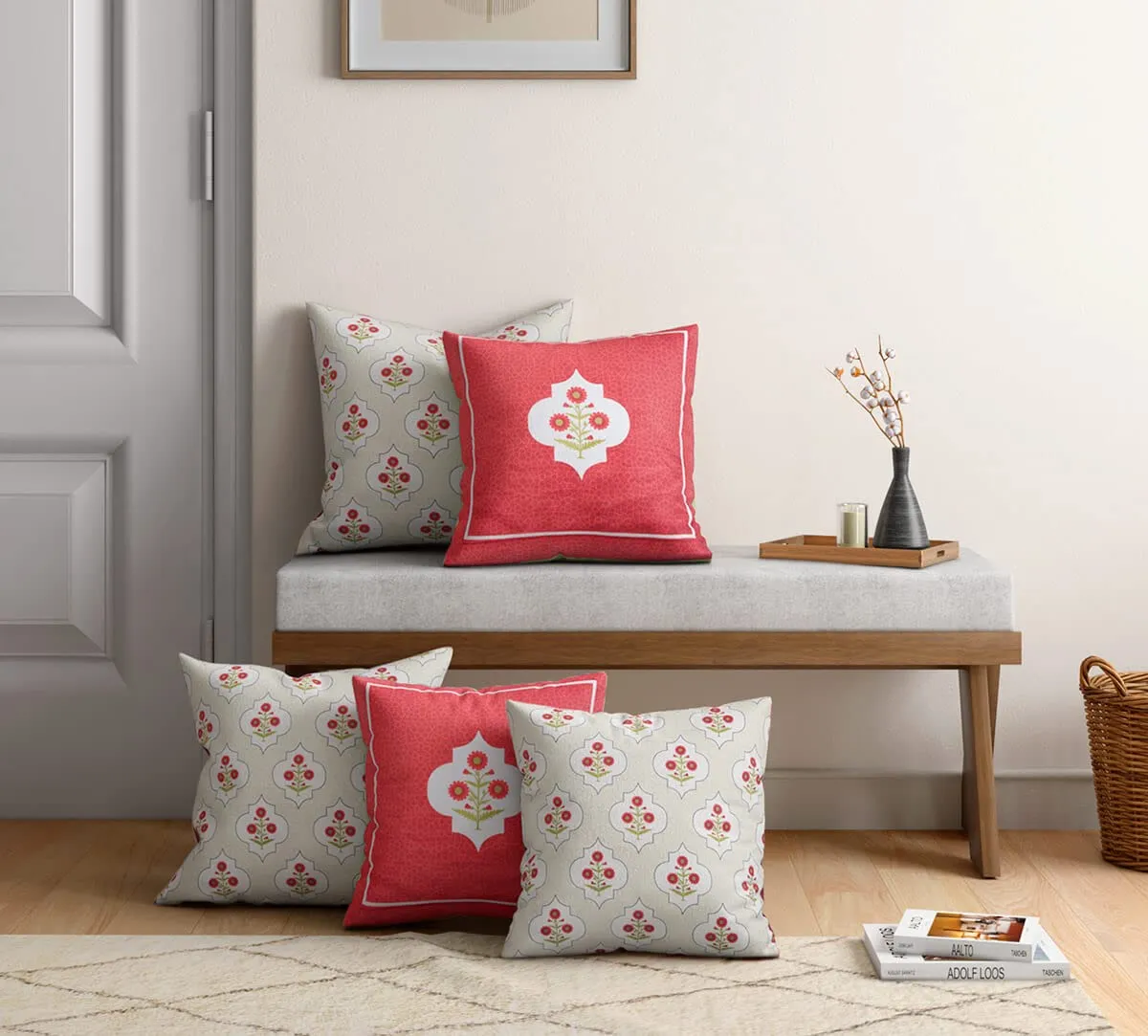 India Circus by Krsnaa Mehta Grey Poppy Flower Multicolor Satin Blend Blended Tafetta Silk Cushion Pillow Covers Set of 5 (18 x 18 Inches)