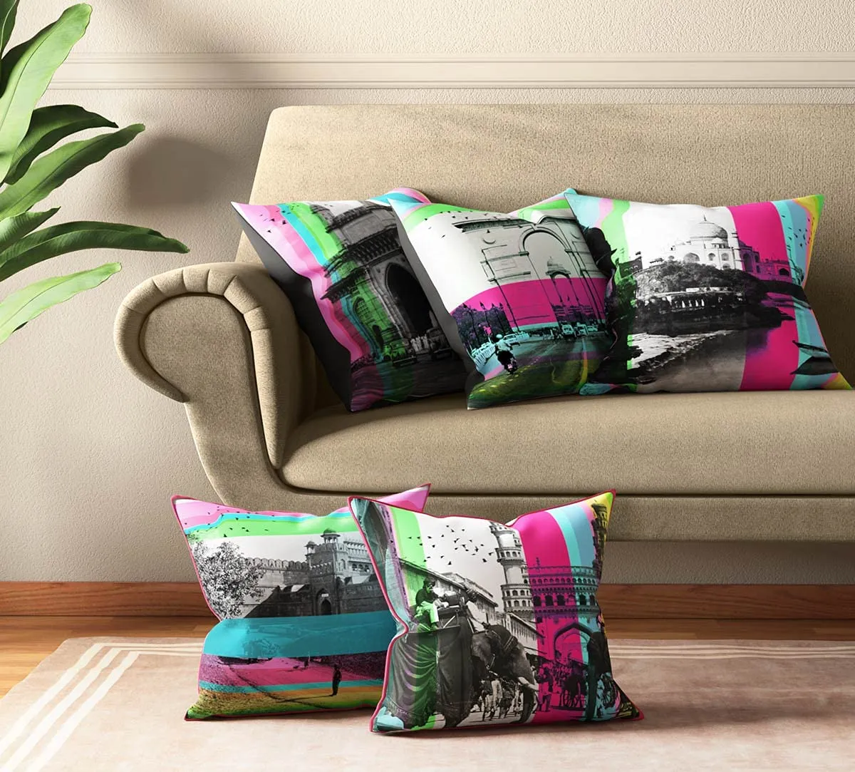 India Circus by Krsnaa Mehta Incredible Pop India Multicolor Satin Blend Cushion Pillow Covers Set of 5 (16 x 16 Inches)