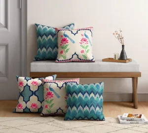 India Circus by Krsnaa Mehta Indigo Mayhem Multicolor Satin Blend Blended Tafetta Silk Cushion Pillow Covers Set of 5 (16 x 16 Inches)