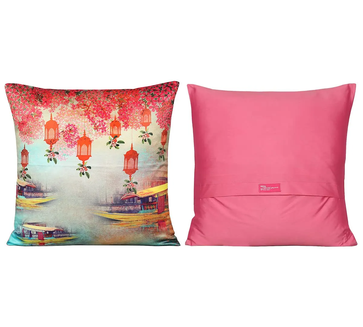 India Circus by Krsnaa Mehta Lakeside Crane Flight Multicolor Satin Blend Cushion Pillow Covers Set Of 5 (16 X 16 Inches), 110 TC