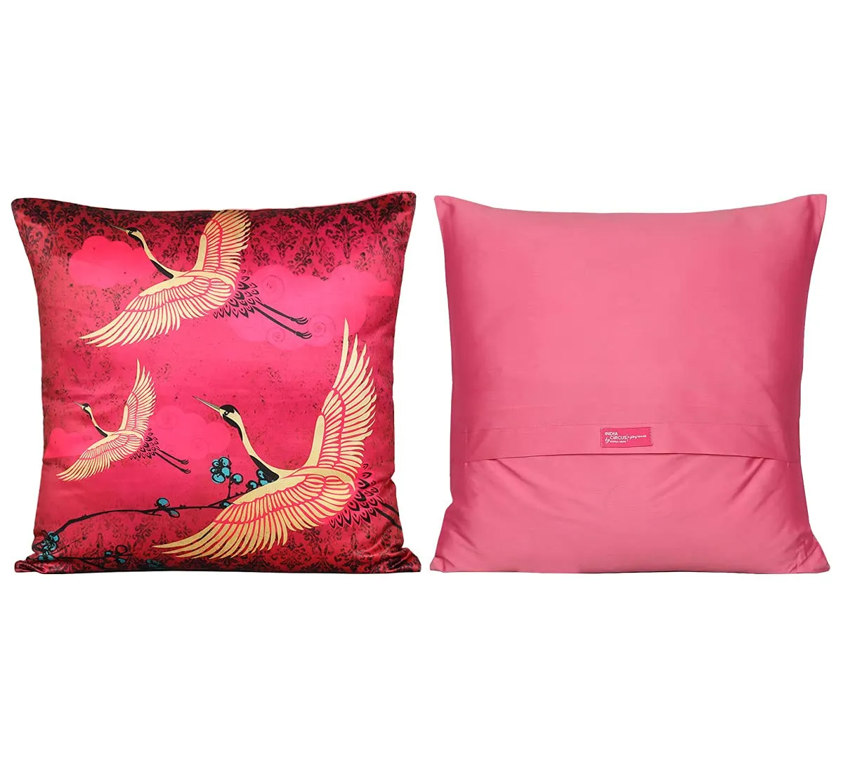 India Circus by Krsnaa Mehta Lakeside Crane Flight Multicolor Satin Blend Cushion Pillow Covers Set Of 5 (16 X 16 Inches), 110 TC