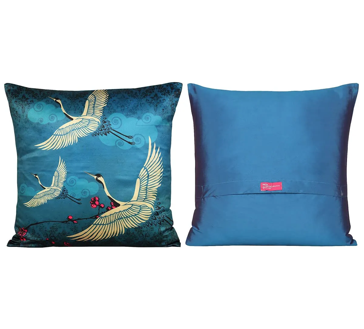 India Circus by Krsnaa Mehta Lakeside Crane Flight Multicolor Satin Blend Cushion Pillow Covers Set Of 5 (16 X 16 Inches), 110 TC