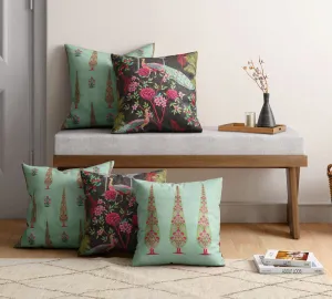 India Circus by Krsnaa Mehta Peacock & Conifer Multicolor Printed Decorative Blended Velvet Cushion Pillow Cover For Couch, Sofa, Bed Set Of 5 (18 X 18 Inches), 120 TC