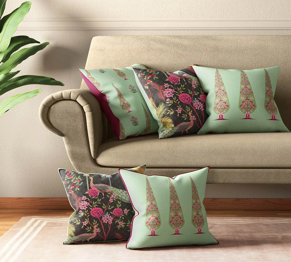 India Circus by Krsnaa Mehta Peacock & Conifer Multicolor Satin Blend Cushion Pillow Covers Set of 5 (16 x 16 Inches)