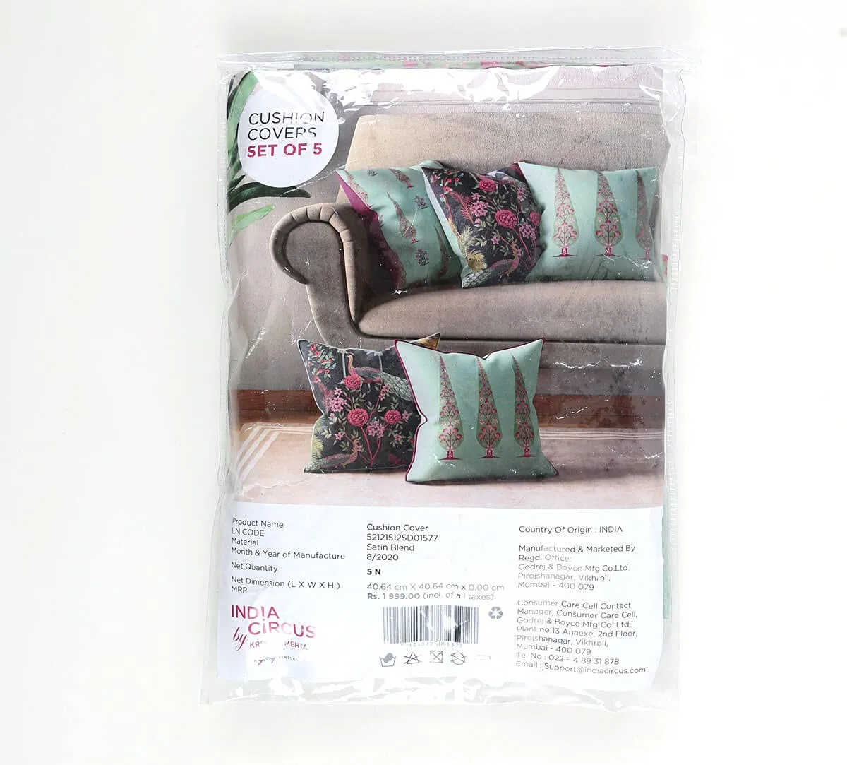 India Circus by Krsnaa Mehta Peacock & Conifer Multicolor Satin Blend Cushion Pillow Covers Set of 5 (16 x 16 Inches)
