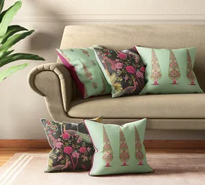 India Circus by Krsnaa Mehta Peacock & Conifer Multicolor Satin Blend Cushion Pillow Covers Set of 5 (16 x 16 Inches)
