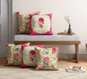 India Circus by Krsnaa Mehta Poppy Bird Land Multicolor Printed Decorative Blended Velvet Cushion Pillow Cover For Couch, Sofa, Bed Set Of 5 (18 X 18 Inches), 120 TC