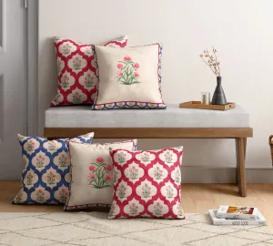 India Circus by Krsnaa Mehta Poppy Window Multicolor Printed Decorative Blended Velvet Cushion Pillow Cover for Couch, Sofa, Bed Set of 5 (12 x 12 Inches)