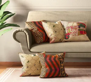India Circus by Krsnaa Mehta The Mughal Rickshaw Multicolor Satin Blend Cushion Pillow Covers Set of 5 (16 x 16 Inches)