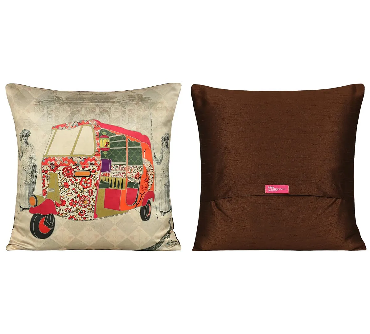 India Circus by Krsnaa Mehta The Mughal Rickshaw Multicolor Satin Blend Cushion Pillow Covers Set of 5 (16 x 16 Inches)