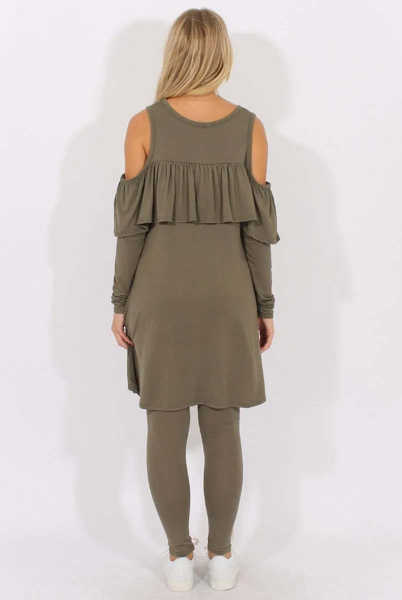 Khaki Cold Shoulder Frill Dipped Hem Tracksuit - Tammy