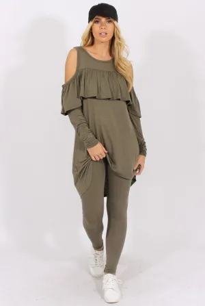 Khaki Cold Shoulder Frill Dipped Hem Tracksuit - Tammy