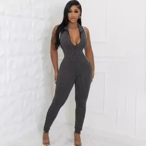 Kiki Sleeveless Ribbed Bodycon Zip-Up Jumpsuit