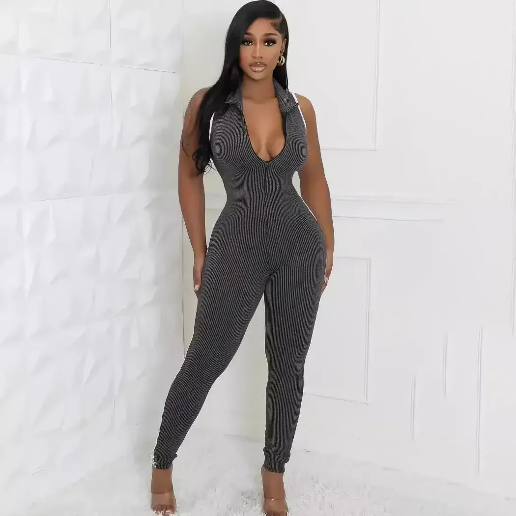 Kiki Sleeveless Ribbed Bodycon Zip-Up Jumpsuit