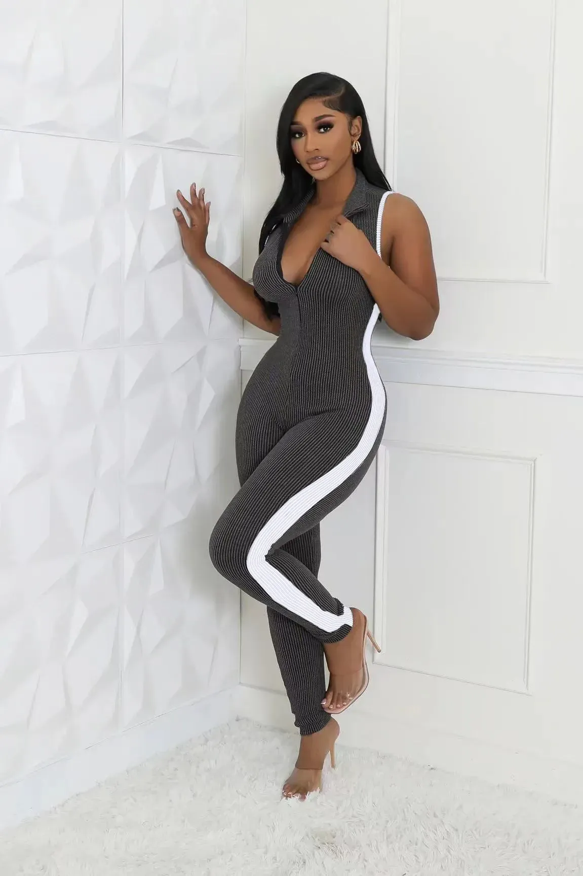 Kiki Sleeveless Ribbed Bodycon Zip-Up Jumpsuit