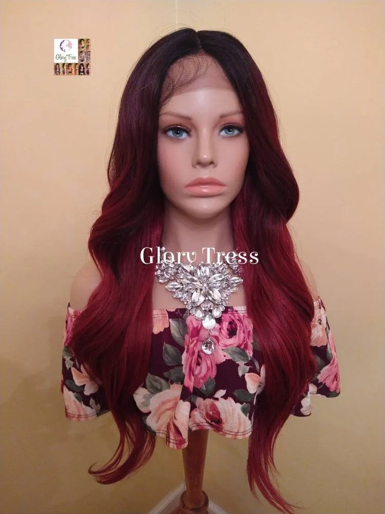 Lace Front Wig - Wavy Lace Front Wig, Wigs,  Ombre Wig -  Burgundy Wig - Wig - Glory Tress - Heat Resistant Wig -  Ready To Ship // FAVOR