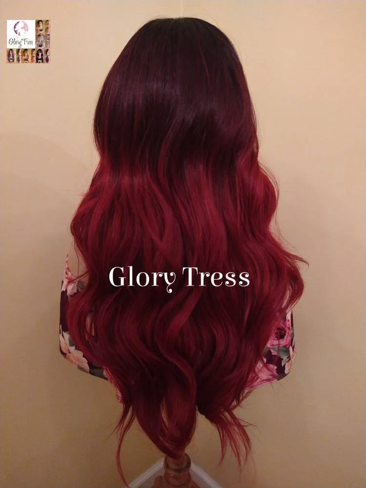 Lace Front Wig - Wavy Lace Front Wig, Wigs,  Ombre Wig -  Burgundy Wig - Wig - Glory Tress - Heat Resistant Wig -  Ready To Ship // FAVOR