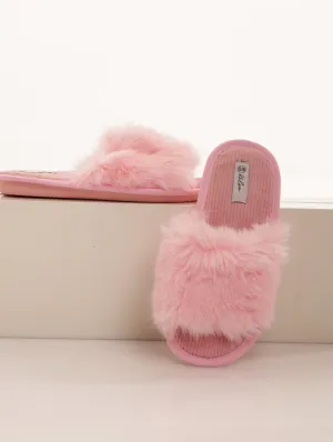 Ladies Open Toe Feather Mule Slipper - Blush