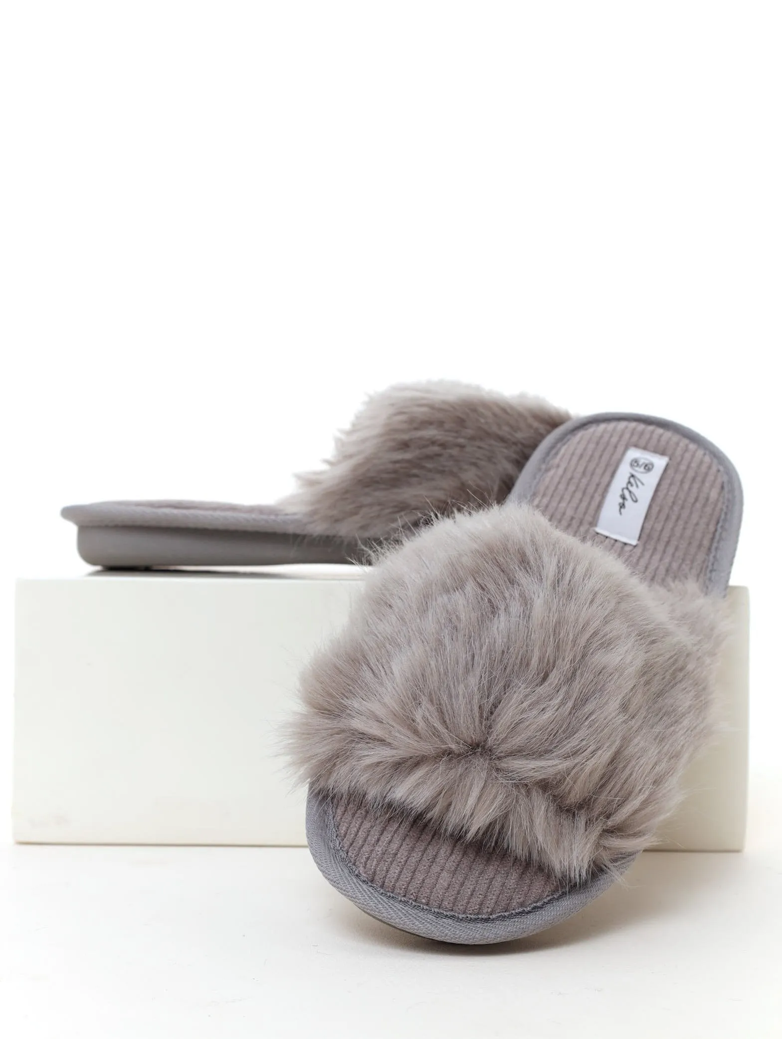 Ladies Open Toe Feather Mule Slipper - Grey