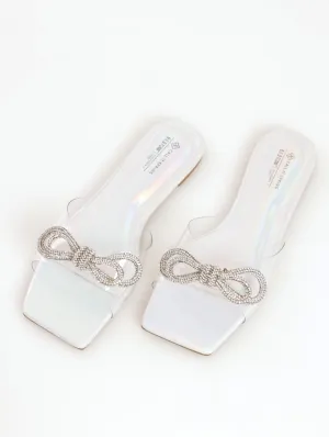 Ladies Selflove Open Toe Mule Flat Sandal With Bow - Clear