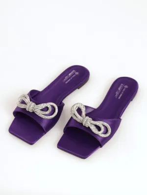Ladies Selflove Open Toe Mule Flat Sandal With Bow - Purple