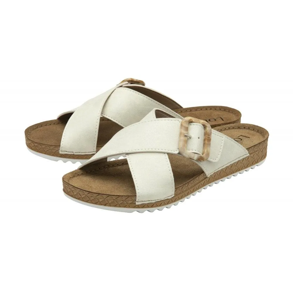Lotus Ladies Torbole Off White Metallic Crossover Slip On Mule Sandals