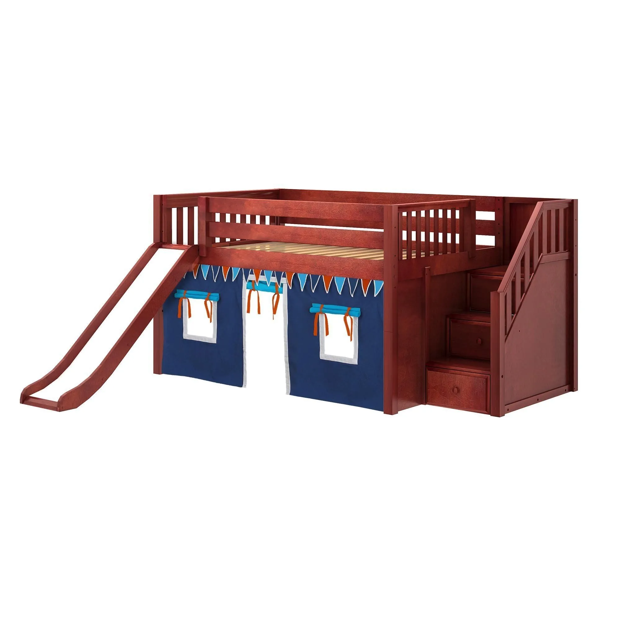 Maxtrix Full Low Loft Bed with Stairs, Curtain   Slide