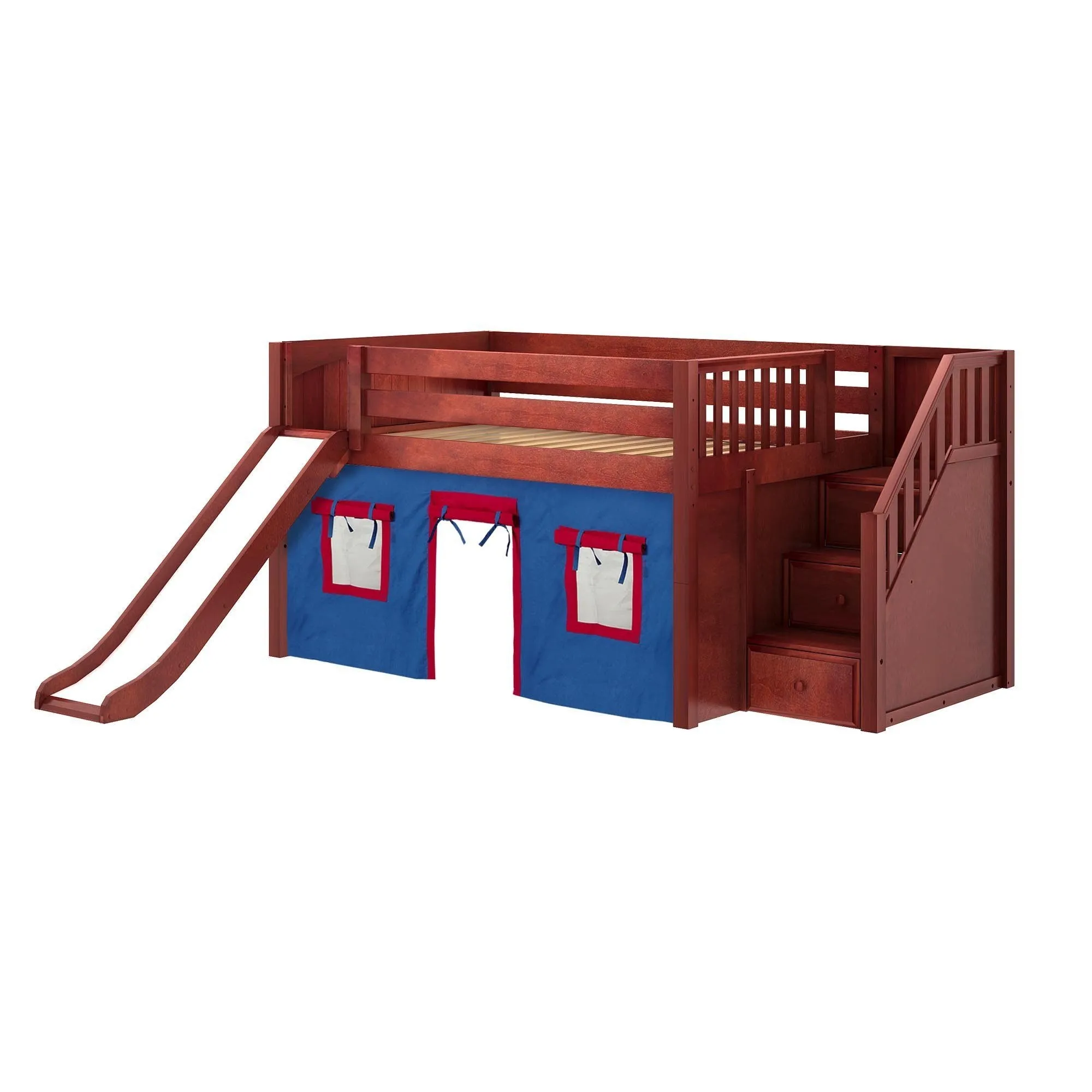 Maxtrix Full Low Loft Bed with Stairs, Curtain   Slide