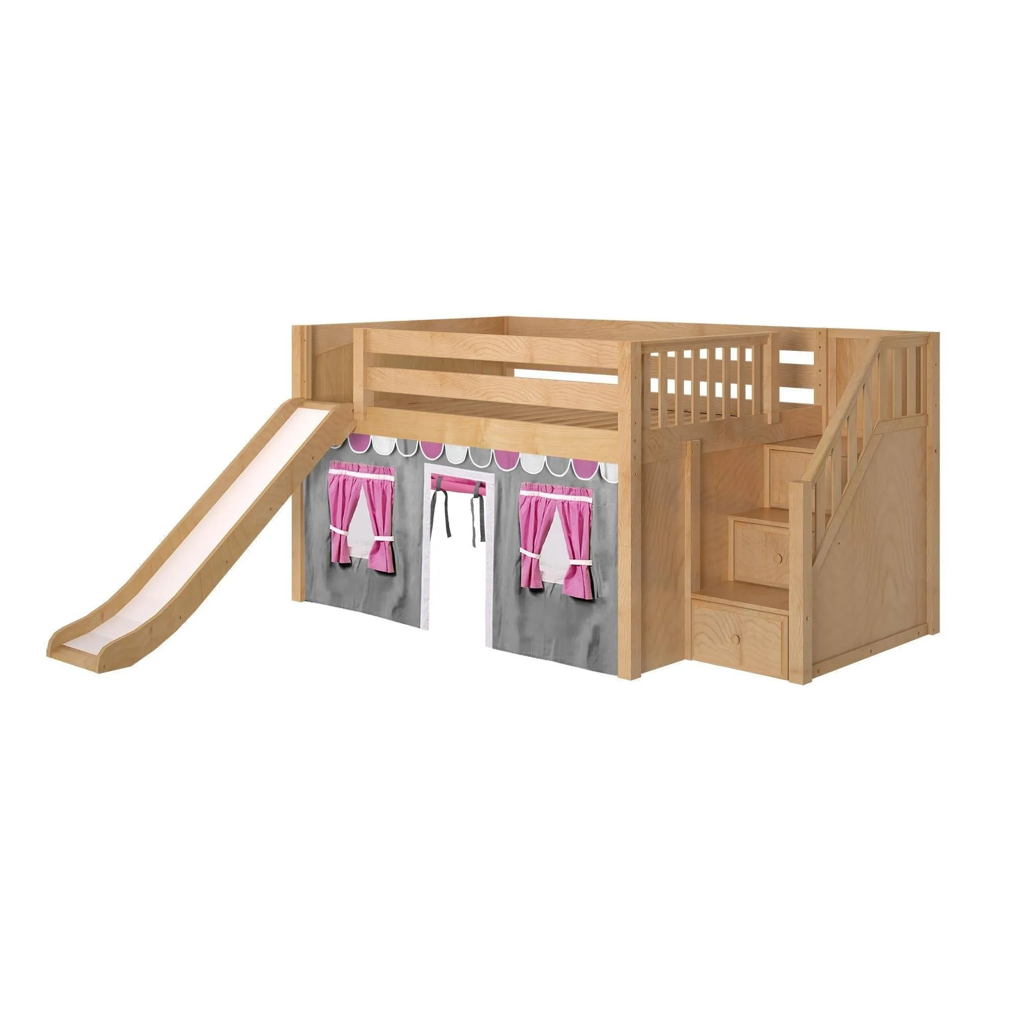 Maxtrix Full Low Loft Bed with Stairs, Curtain   Slide