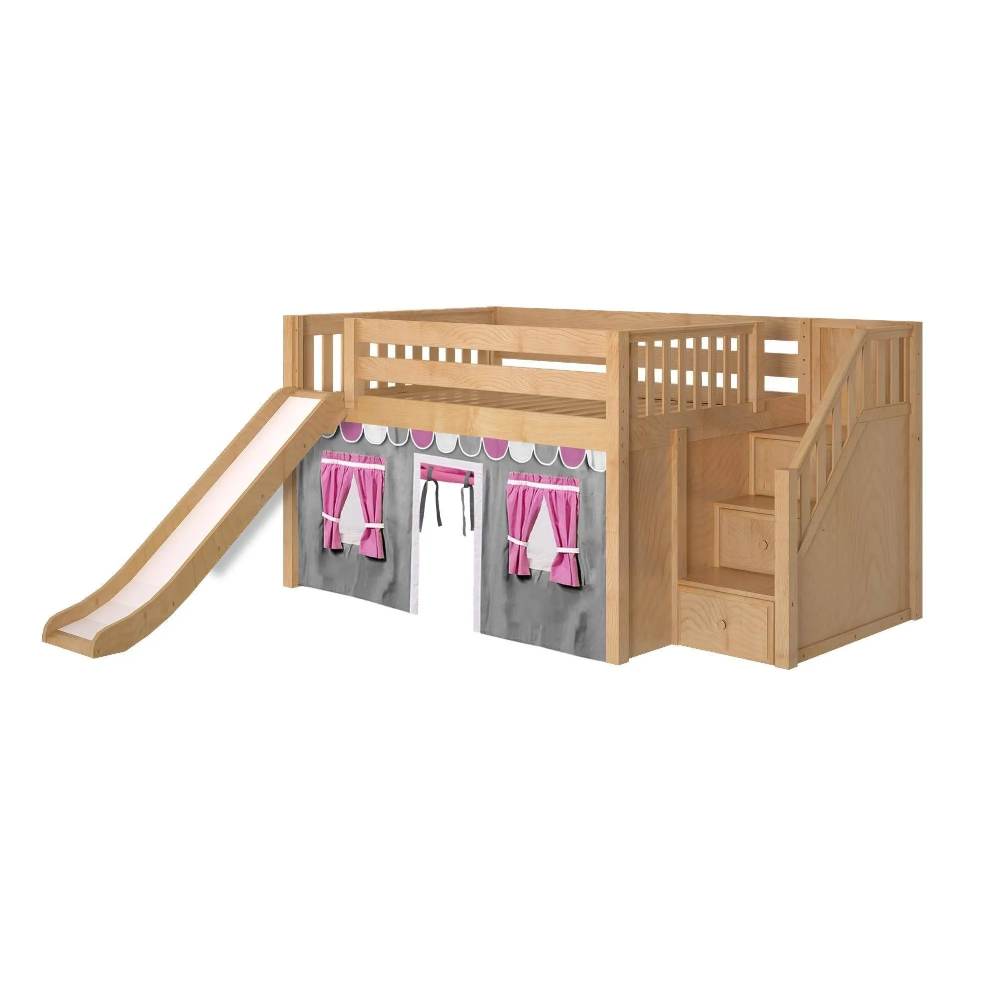 Maxtrix Full Low Loft Bed with Stairs, Curtain   Slide