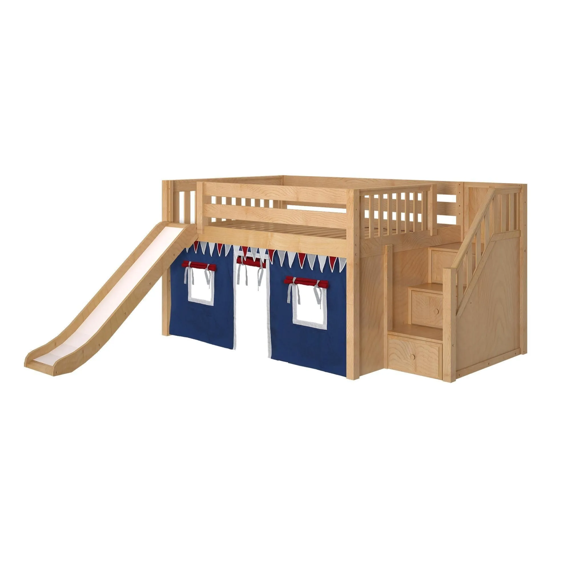 Maxtrix Full Low Loft Bed with Stairs, Curtain   Slide