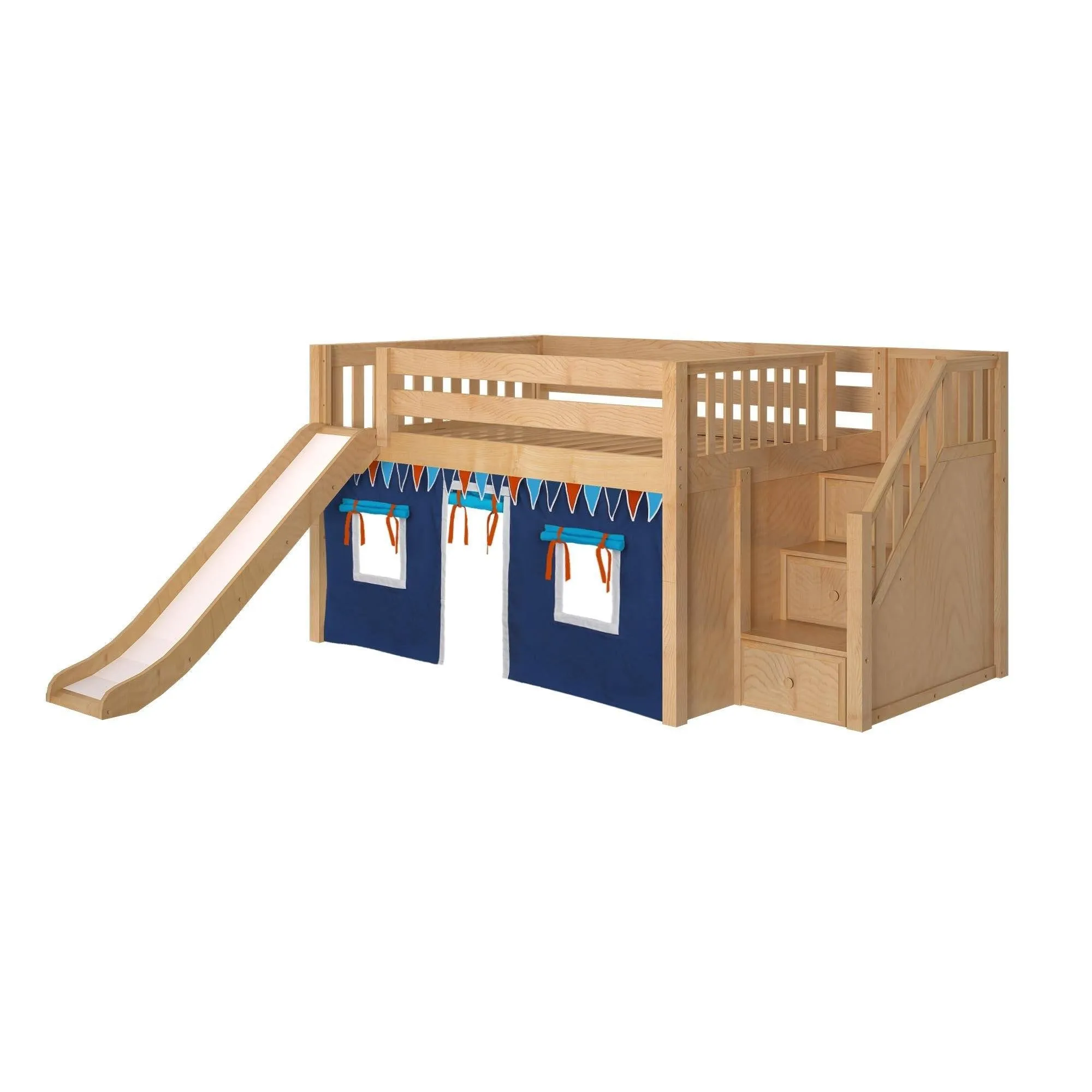 Maxtrix Full Low Loft Bed with Stairs, Curtain   Slide