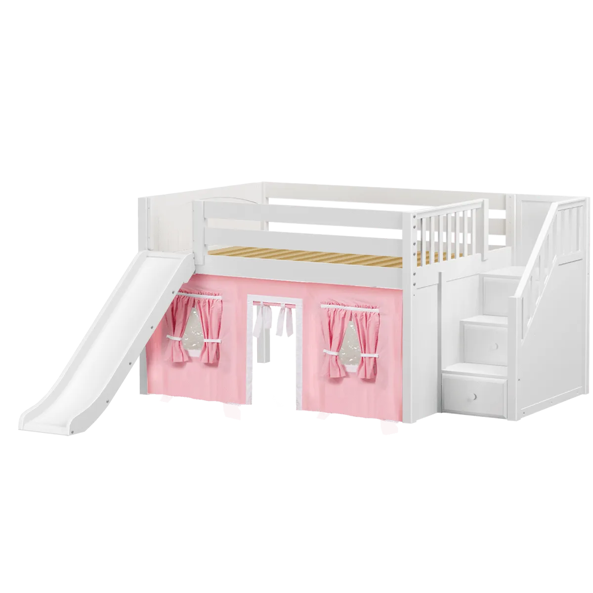 Maxtrix Full Low Loft Bed with Stairs, Curtain   Slide