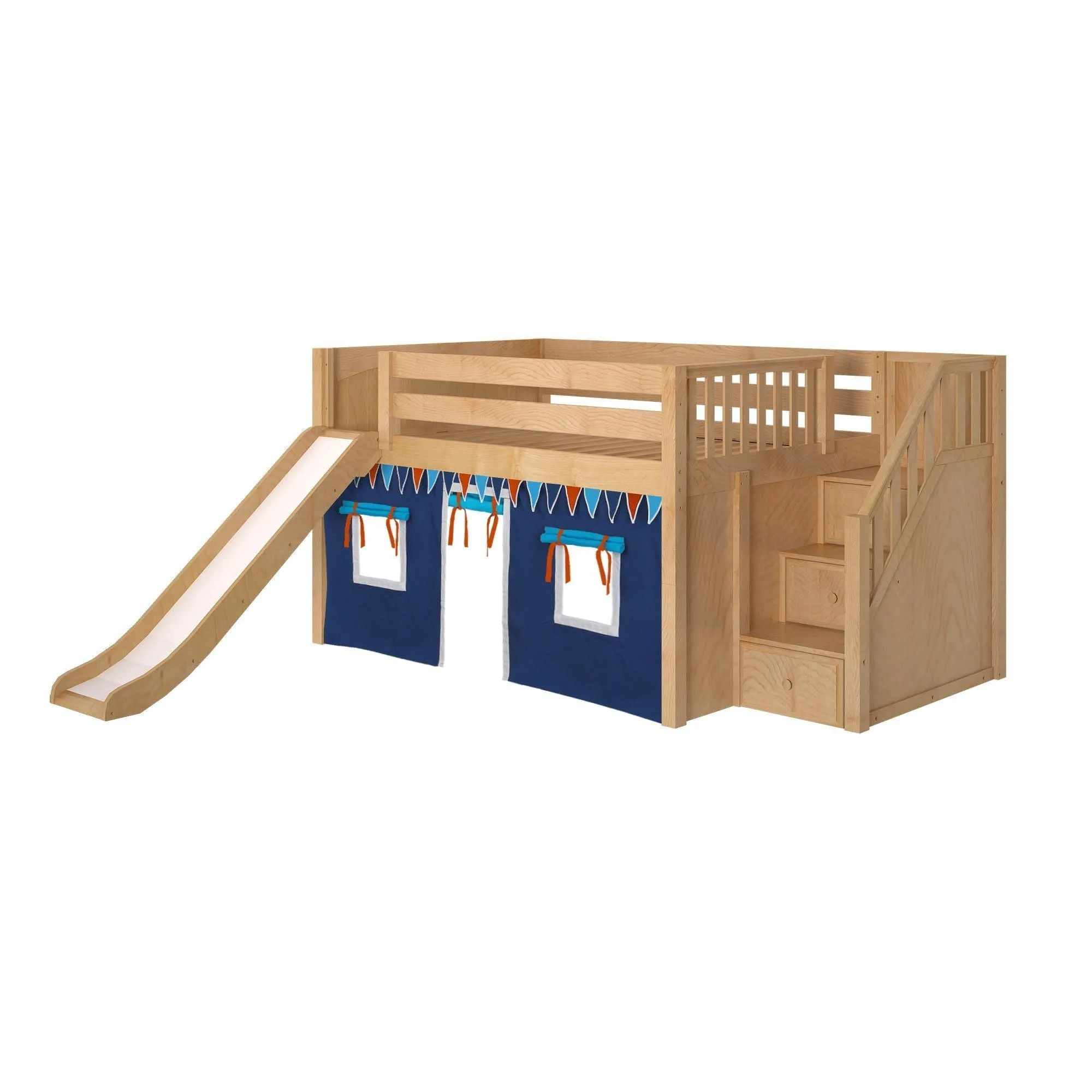 Maxtrix Full Low Loft Bed with Stairs, Curtain   Slide
