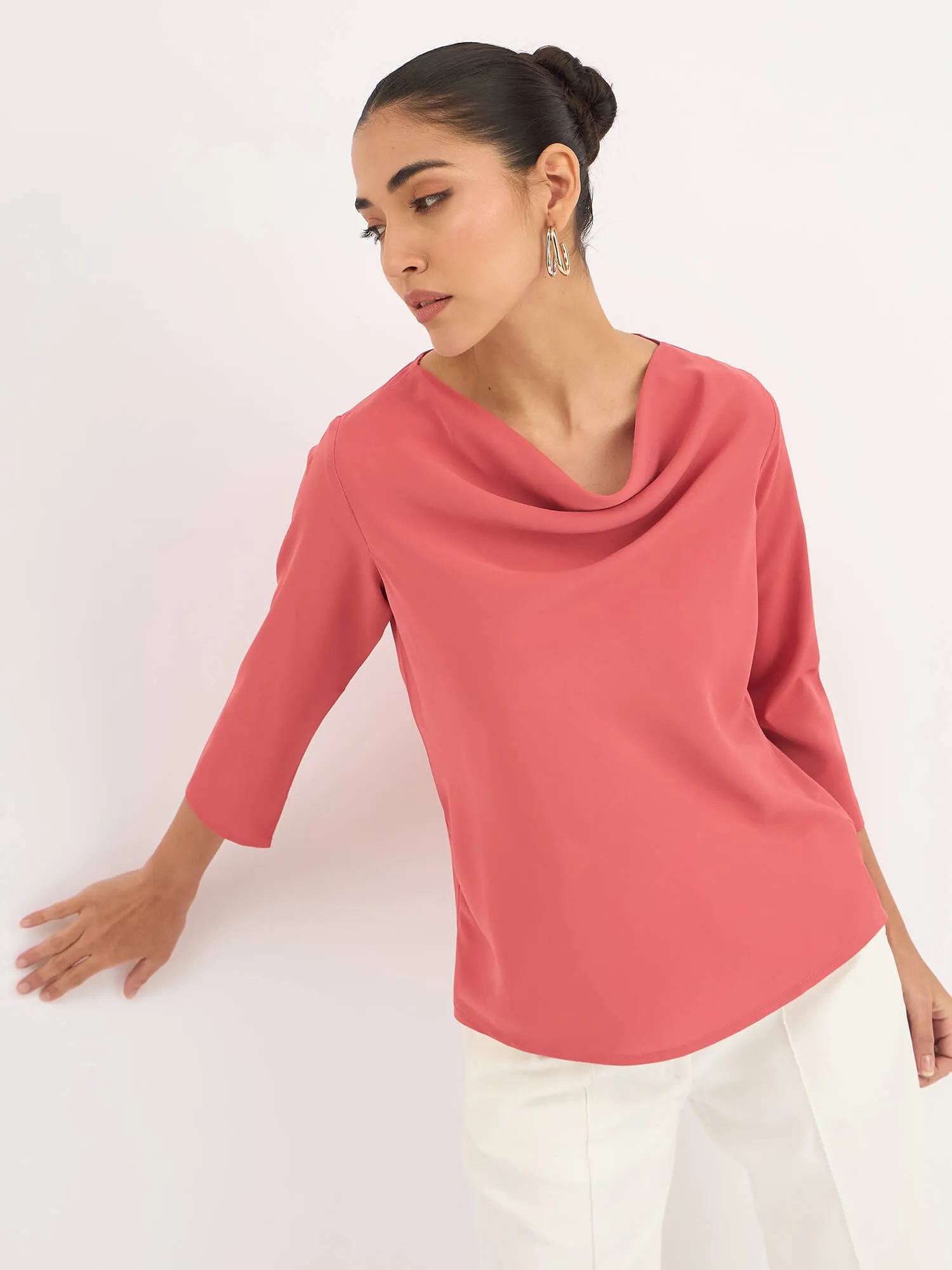 Mermaid Mule Cowl Neck Top - Dark Peach