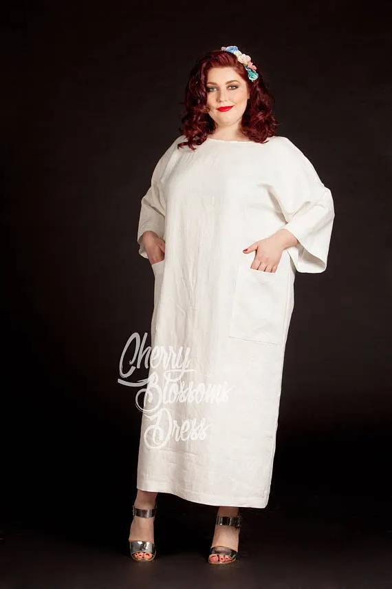 Minimalist Linen Dress, Pocket Dress, Yellow Linen Dress, Plus Size Dress, Oversize Clothing, Wide Sleeve Dress, Plus Size Linen Kaftan