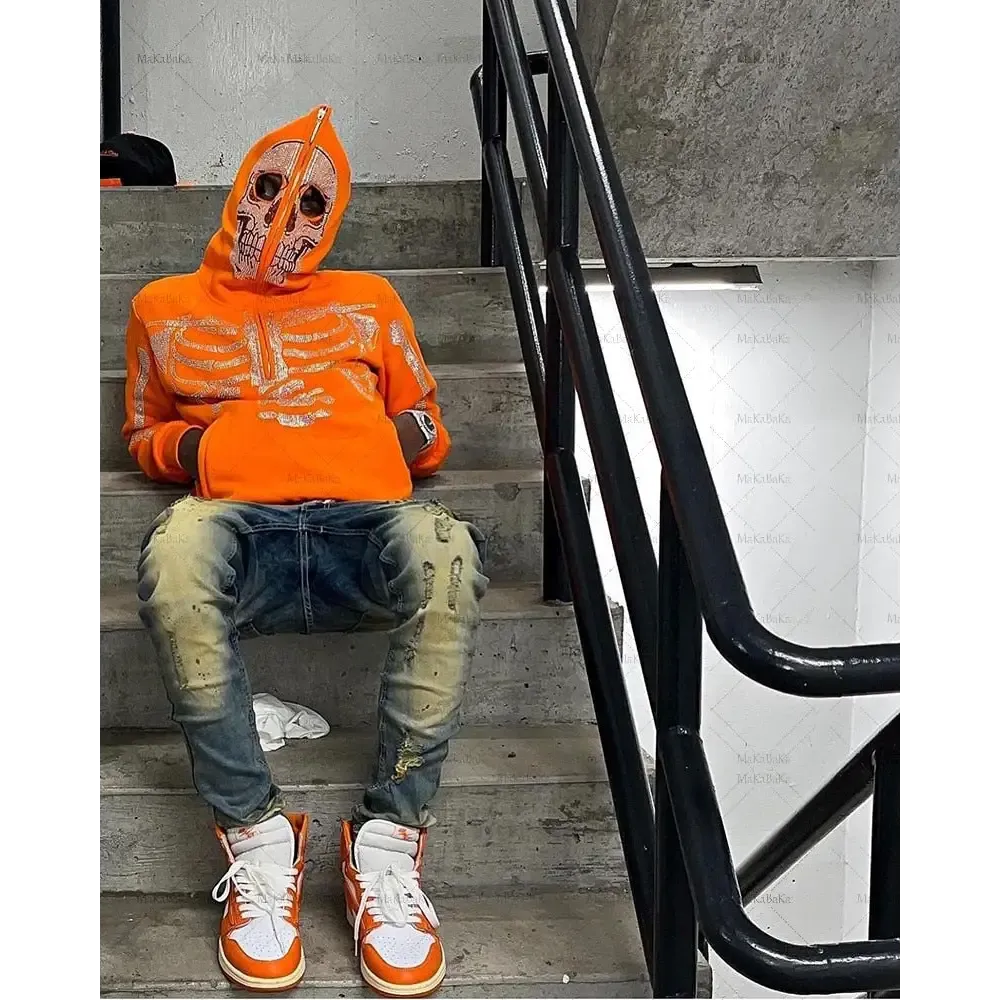 Orange Y2K Zipper Jacket with Skeleton Pattern