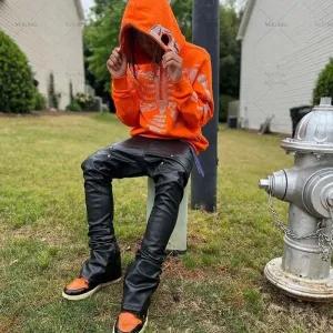 Orange Y2K Zipper Jacket with Skeleton Pattern