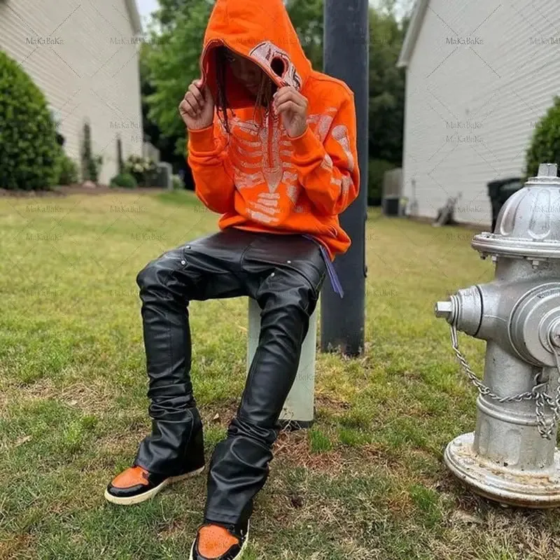 Orange Y2K Zipper Jacket with Skeleton Pattern