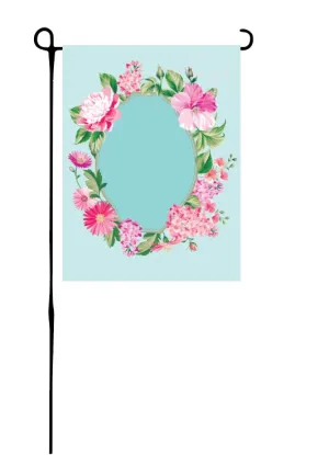 Pink Flower Wreath on Blue Garden Flag