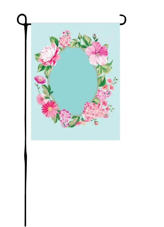 Pink Flower Wreath on Blue Garden Flag