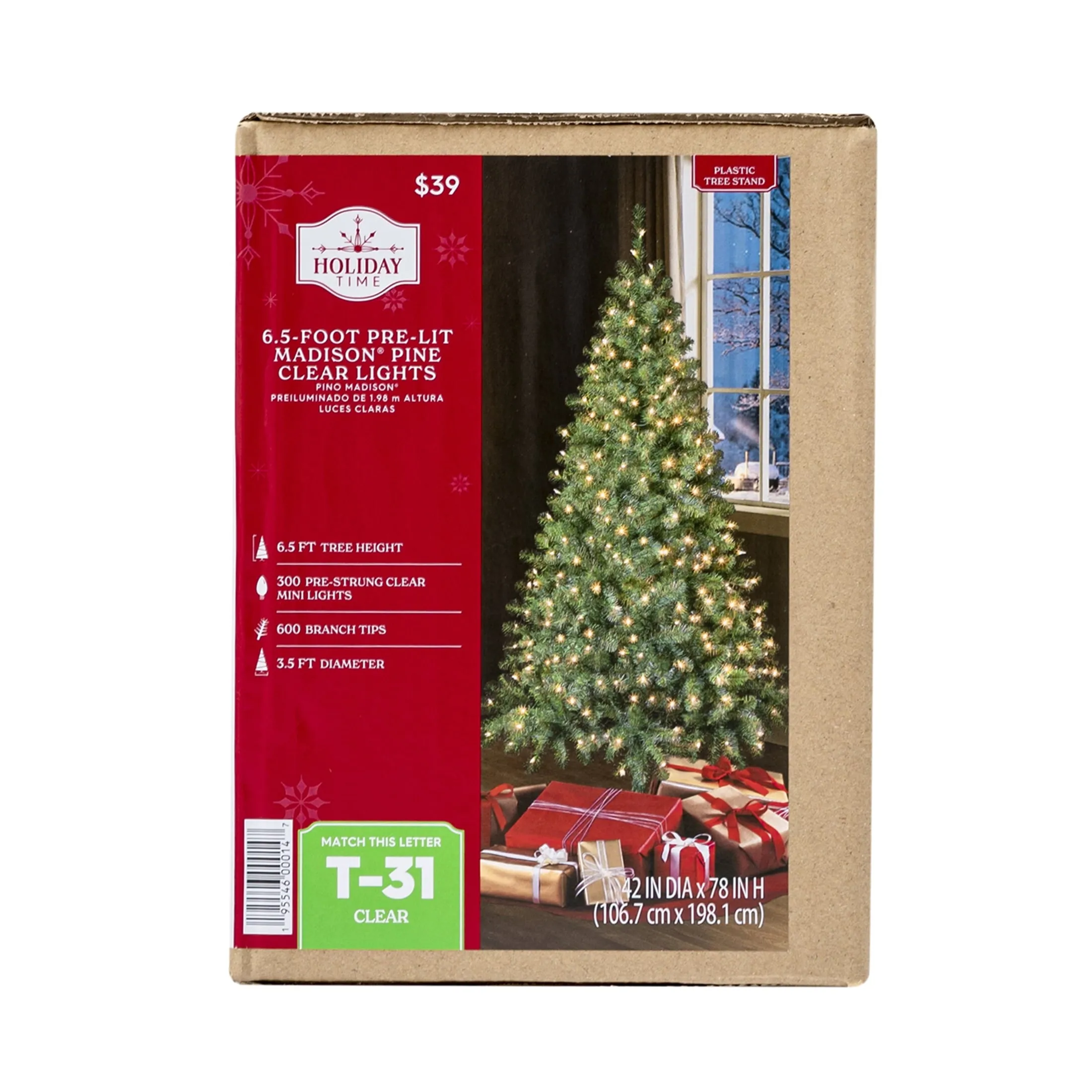Pre-Lit Madison Pine Artificial Christmas Tree Clear Incandescent Lights 6.5 Ft