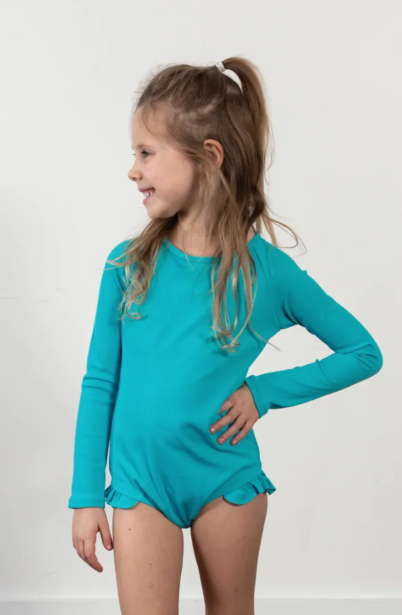 "Brights" Ribbed Blue Curaco Ruffle Rashguard Suit