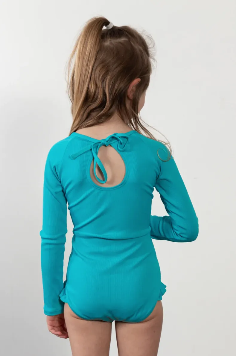 "Brights" Ribbed Blue Curaco Ruffle Rashguard Suit